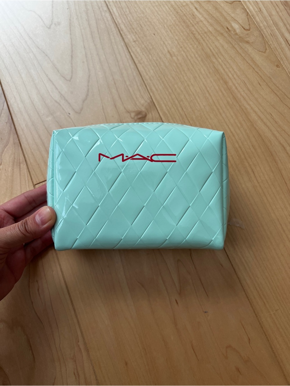 MAC Cosmetics Quilted Cosmetic Bag in Mint Green with warm teddy & fix +